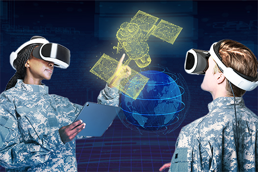 Two people in VR headsets looking at a satellite wireframe.