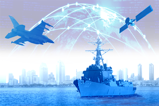 Illustration of a ship, a figther jet, and a satellite over a digital cityscape.